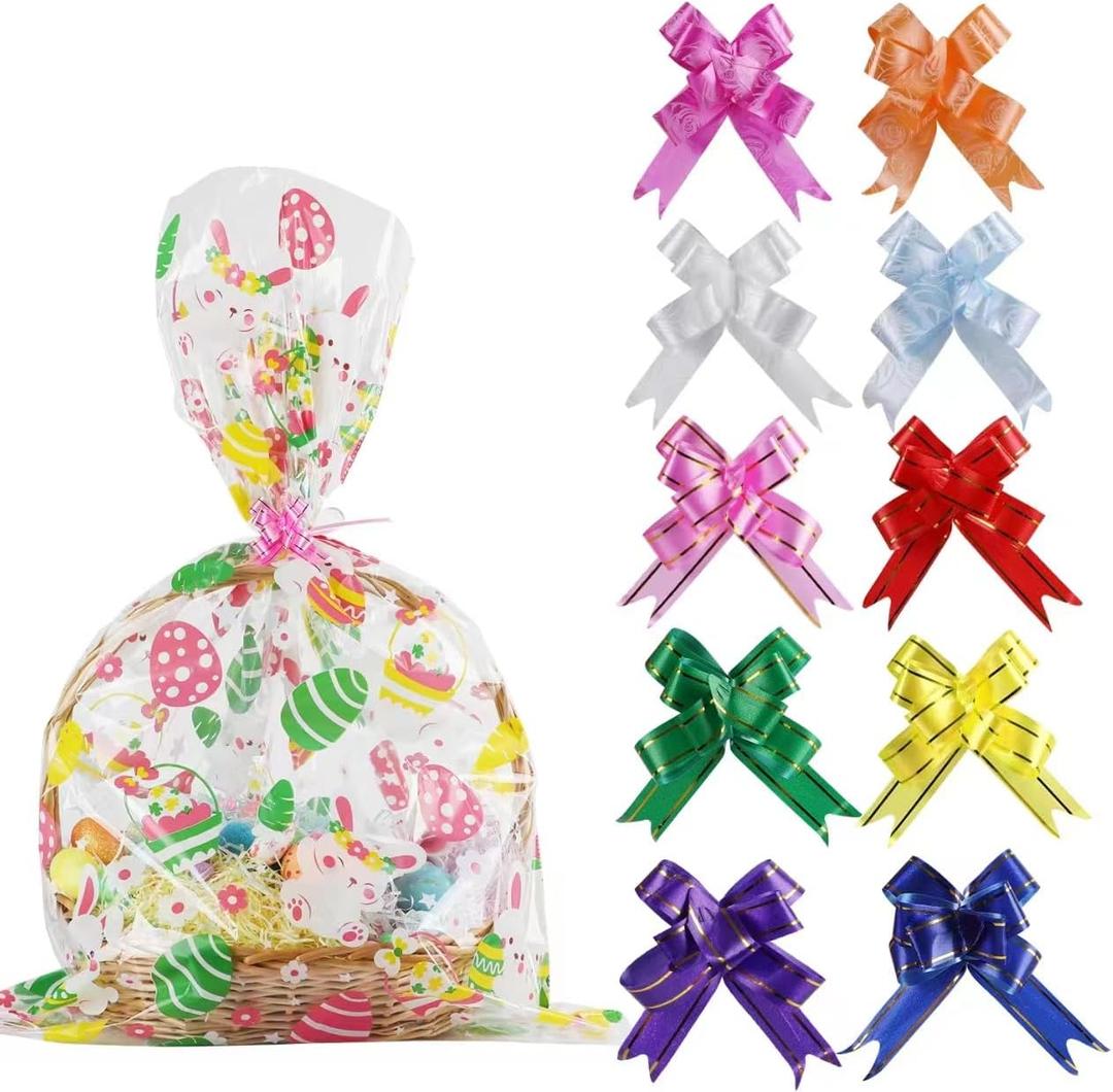 LOKIPA 10PCS Easter Basket Bags, Large Easter Basket Cellophane Bags with 10 PCS Colorful Pull Bow for Gifts Baskets Easters Party Favor Supplies(35.4X23.6 Inches)