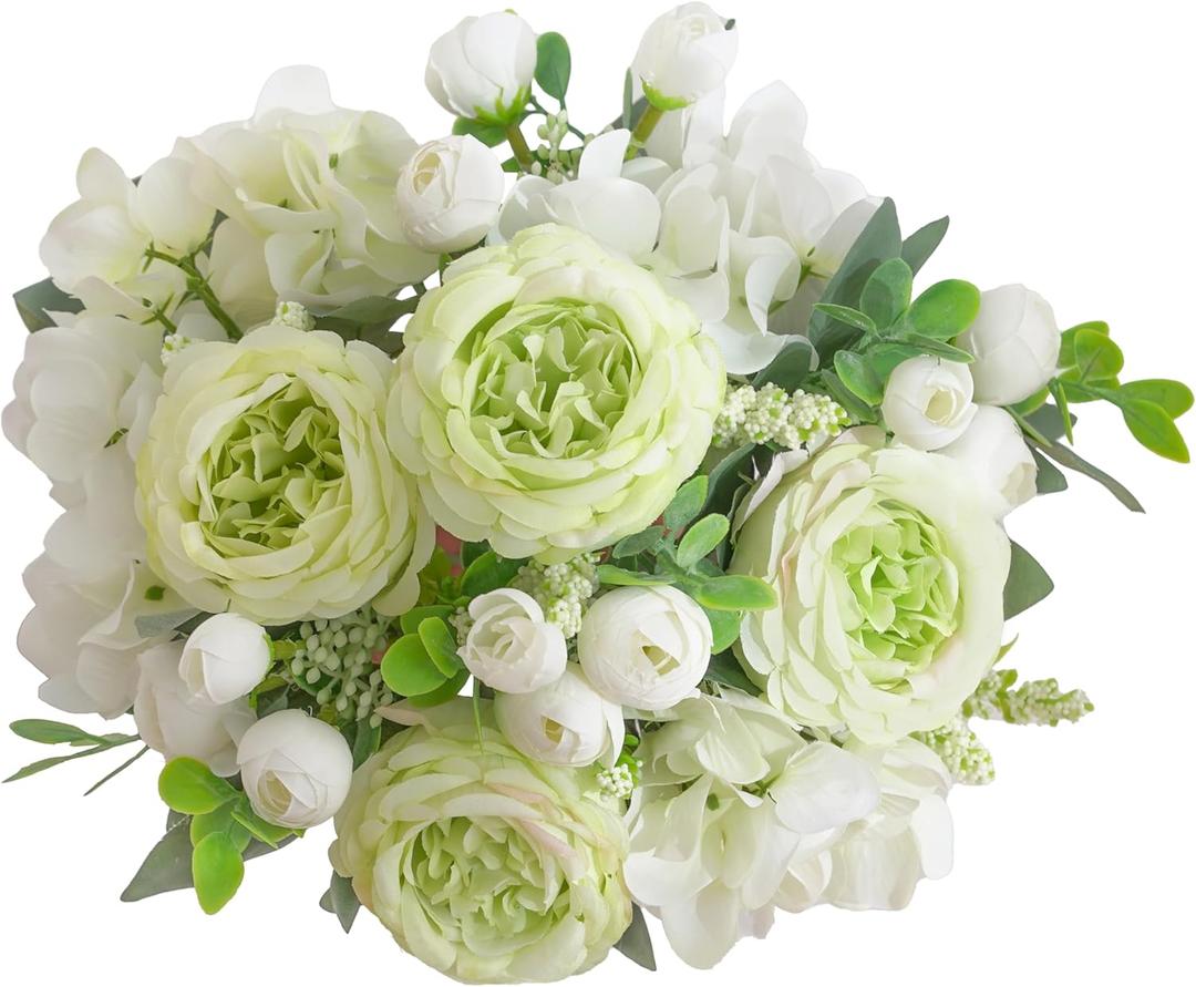 3 x 2 Bunches Green Peony Artificial Flowers for Decoration Small Faux Rose Fake Bouquet Silk Arrangements Table Centerpiece for Vase Cake Topper Bridal Baby Shower (2, Green White)