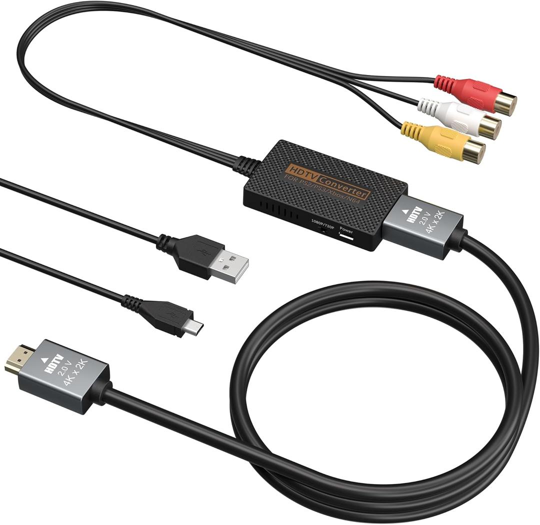 RCA to HDMI Converter, Composite AV to HDMI Converter Support 1080P with HDMI Cable for Xbox/Wii/PS1/PS2/PS3/GameCube/N64/VHS/VCR/DVR Players (Black)