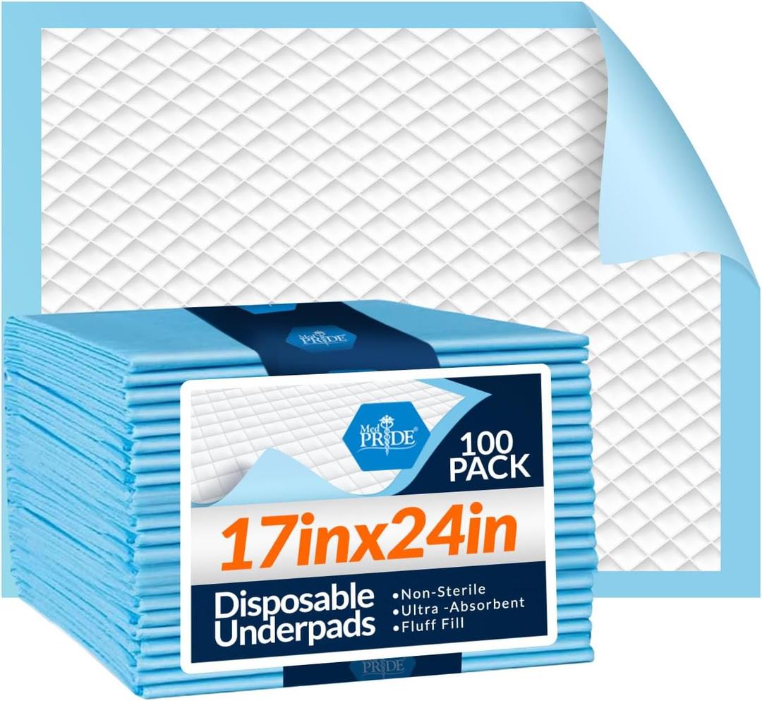 Medpride Disposable Underpads 17'' x 24'' (100-Count) Incontinence Pads, Bed Covers, Puppy Training | Thick, Super Absorbent Protection for Kids, Adults, Elderly | Liquid, Urine, Accidents Medpride Disposable Underpads 17'' x 24'' (100-Count) Incontinence Pads, Bed Covers, Puppy Training | Thick, Super Absorbent Protection for Kids, Adults, Elderly | Liquid, Urine, Accidents