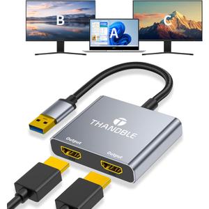 USB to Dual HDMI Adapter 1080P 60Hz, USB A 3.0 to HDMI Adapter for Laptop, PC, Desktop, Compatible with Mac OS, Windows 7/8/10/11 - Requires Driver Installation