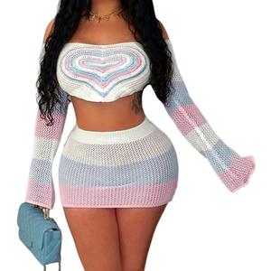 Womens Sexy 2 Piece Outfits Summer Off Shoulder Going Out Crop Tops Bodycon Mini Skirt Sets Crochet Vacation Sets (Small, White)