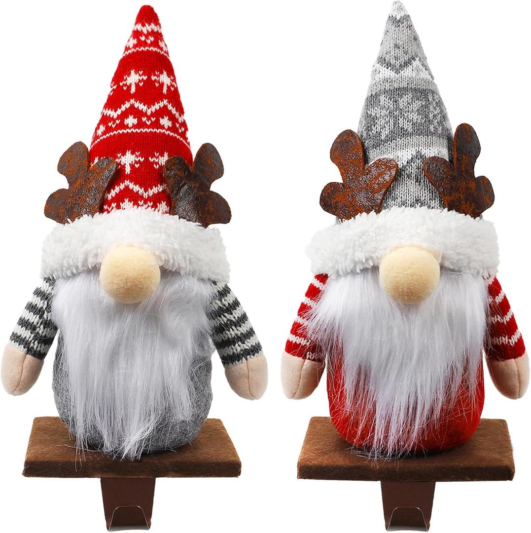 2 Pack Christmas Gnome Stocking Holders, 11 Inches Plush Elk Gnomes Figurines Hanging Hooks for Stockings, Metal Stocking Hangers for Fireplace, Mantle, Shelves Christmas Decorations