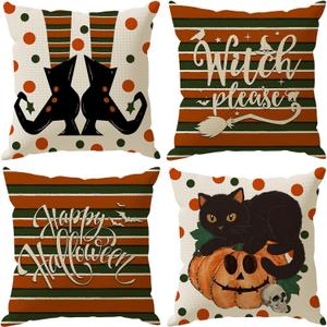 Happy Halloween Pillow Covers Witch Please Cat Pumpkins Throw Pillow Cases Set of 4 Autumn Decorations for Farmhouse Home Bedroom Sofa Couch Outdoor Holiday Decor 16x16 Inch