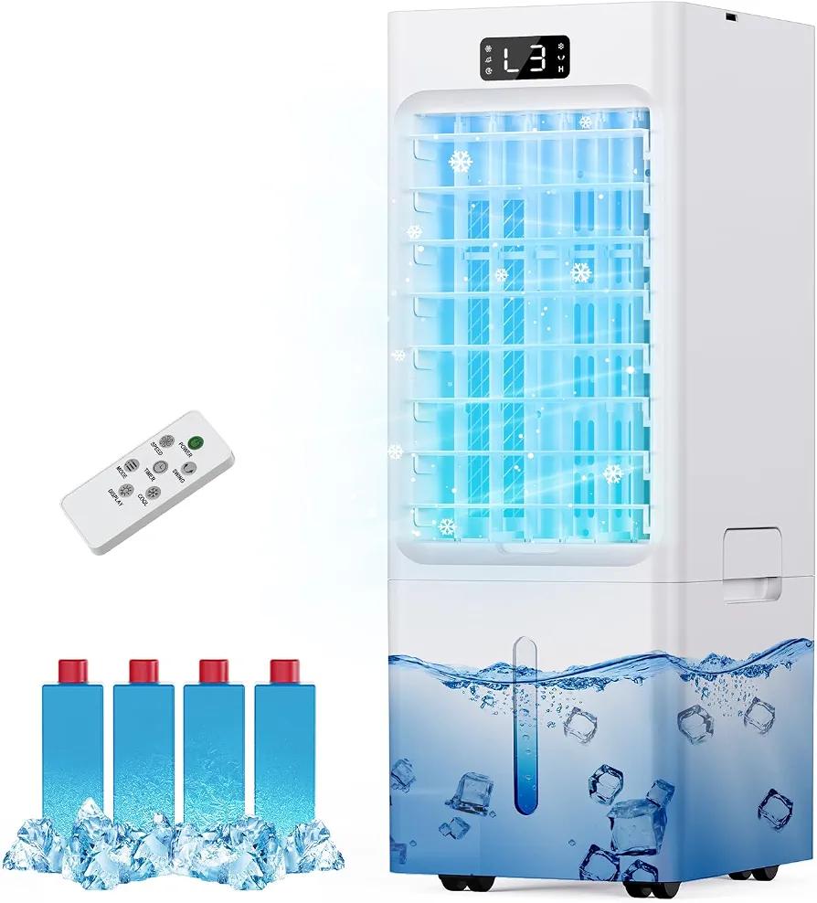 Swamp Cooler, 3-IN-1 Evaporative Air Cooler, 6L Windowless Portable Air Conditioners with 4 Ice Packs, 4 Modes & 3 Speeds, Auto Oscillating, 12H Timer, 17FT Remote, Cooling Fan for Office, Home