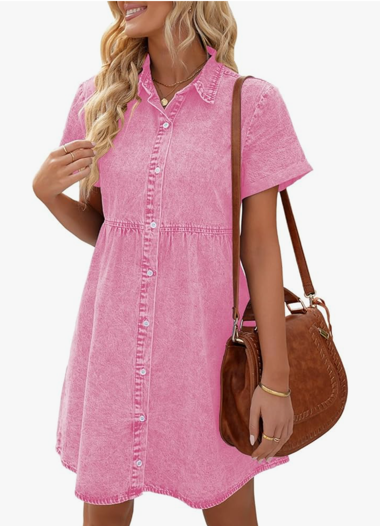 LookbookStore Women's Short Sleeve Button Down Flowy Tiered Babydoll Denim Dress 2XL