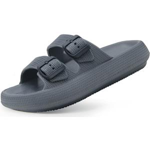 Weweya Sandals for Women and Men - Pillow Slippers - Double Buckle Adjustable Slides - EVA Flat Sandals (9.5-10.5 Women/8.5-9.5 Men, Grey)