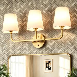 MOKATNG Bathroom Light Fixtures, 3-Light Brushed Gold Vanity Lights, Bathroom Lighting Fixtures Over Mirror with Flared White Fabric Shade, Modern Wall Sconces for Living Room Hallway