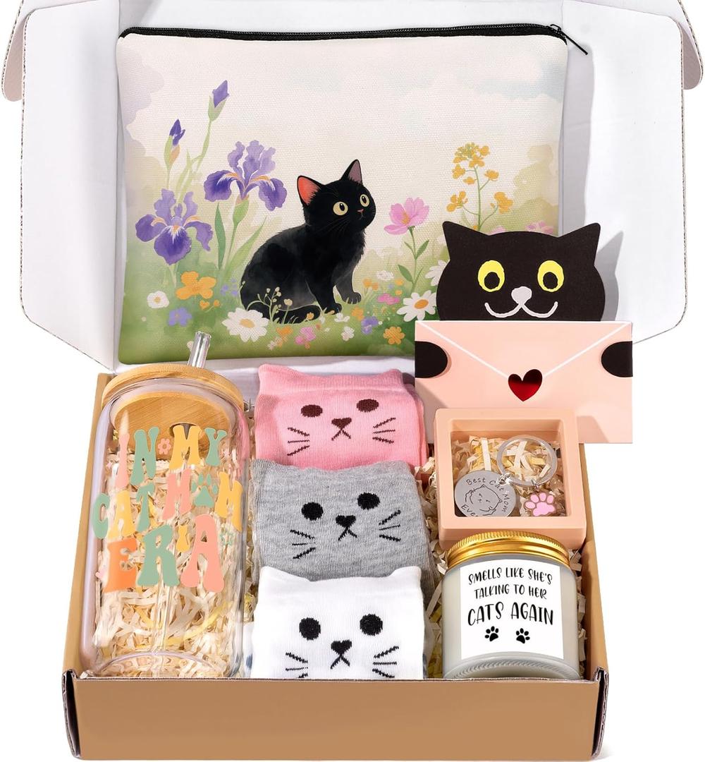 Cat Lover Gifts for Women, Cat Gifts for Women, Cat‘s Themed Gift for Christmas Mother's Day Birthdays, Funny Gift for Cats Lovers for Crazy Cats Lady Mom Daughters with Glass Cup Scented Candle Socks,  8Pcs Cat Lover Gifts