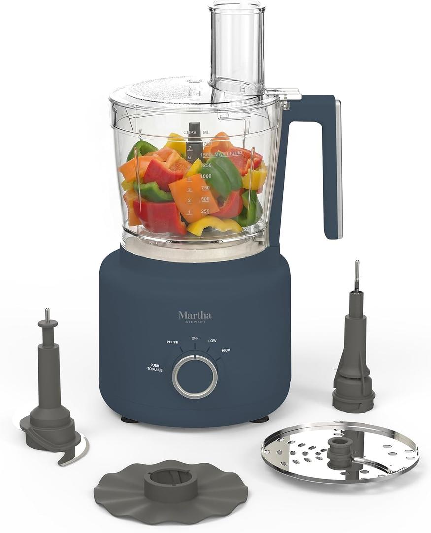 Martha Stewart Food Processor, 10-Cup Electric Chopper for Slicing, Shredding, Mincing and Puree, BPA-Free Twist & Lock Bowl, 3 Multipurpose Blades, Variable Speed Dial, Wide Feed Chute, Indigo Blue