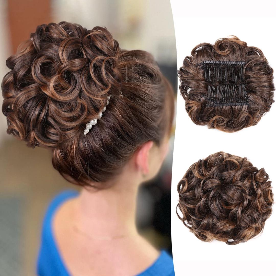 WIGER Messy Hair Bun Clip in Updo Hairpieces for Women Brown Curly Scrunchies Tousled Chignon Synthetic Short Ponytail Hair Extensions
