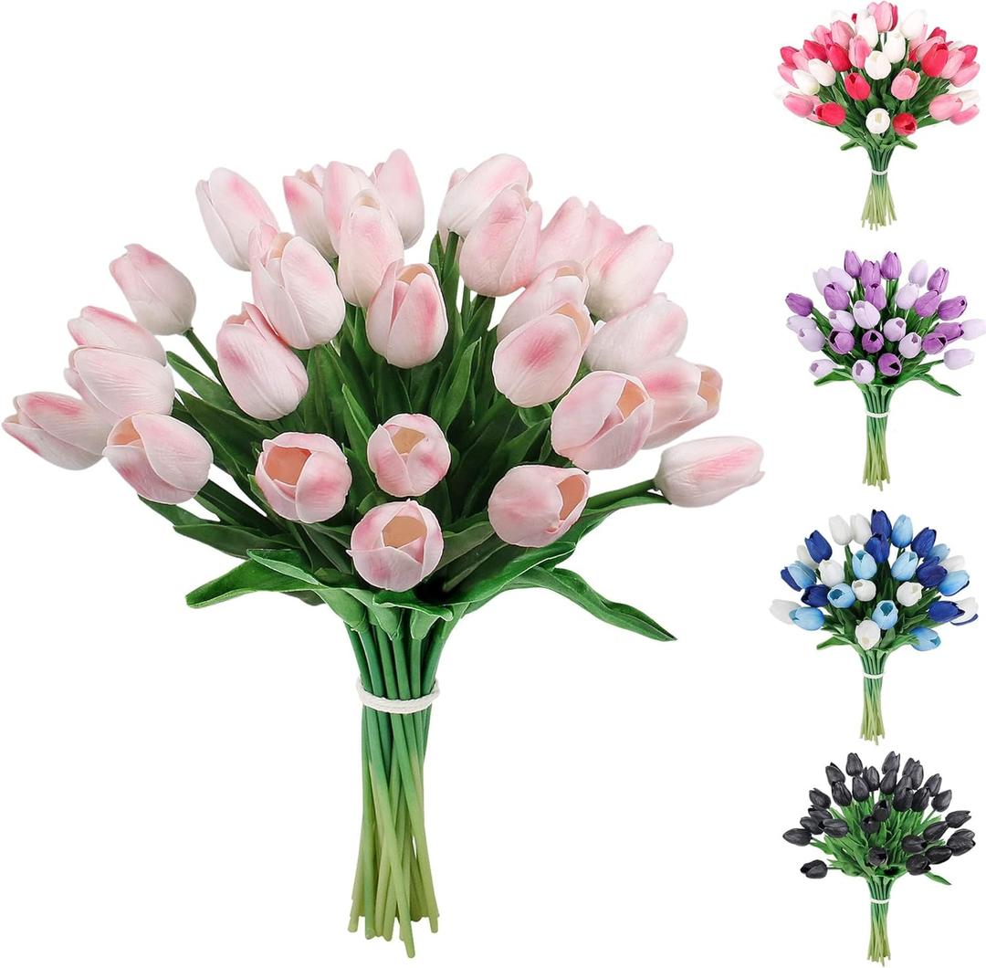 30pcs Pink Tulips Artificial Flowers Fake Latex Tulip Stems - Real Touch Faux Gradual Pink Tulips Flower for Easter Spring Wedding Bouquet Centerpiece Floral Arrangement Wedding Cemetery Table Decor