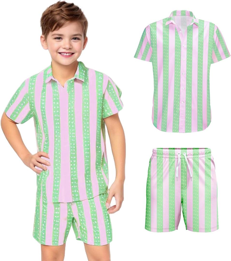 80s 90s Workout Costume Outfit,Beach Hawaiian Shirt Shorts Outfits Halloween Party Cosplay Dress Up (Green)