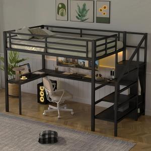 Bellemave Full Size Metal Loft Bed with L Shaped Desk and Wardrobe, Heavy Duty Loft Bed Frame with Storage Stairs, LED Loft Bed Frame with Charging Station & Safety Guardrails, Black