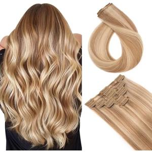 Hairro 24 Inch Long Ombre Brown Mix Bleach Blonde Clip in Hair Extensions 100% Human Hair Thin Straight Human Hair Clip on Hairpieces 80g Machine Weft 8pcs 18 Clips for Women