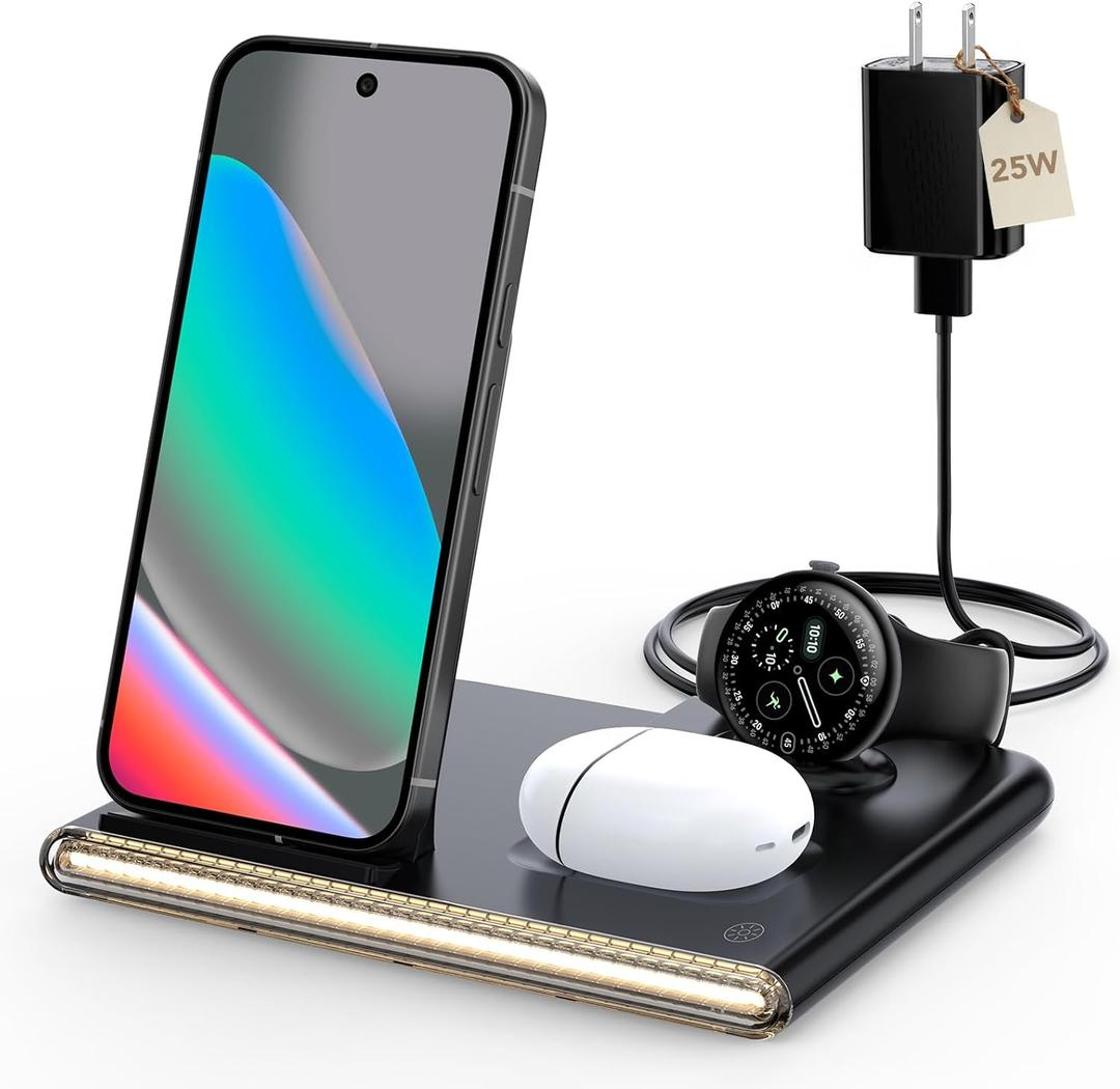 3 in 1 Foldable Charging Station for Google Pixel Watch 4, Wireless Charger for Google Pixel,Fast Wireless Charger Stand, Travel Charger for Pixel 10 Pro/Pro XL/Fold,Buds Pro 2(Only for Watch 4)