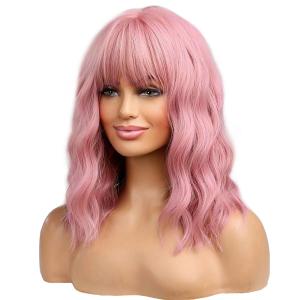 Pink Wig for Women Girls Short Curly Synthetic Wig with Bangs Lovely Pink