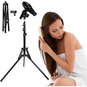 Hair Dryer Stand Holder Hands Free - Adjustable Blow Dryer Stand with Universal Non-Slip Clip & Sturdy Tripod Base for Home Styling, Elderly & Pet, Hair Dryer Holder with 180 Deg Rotation