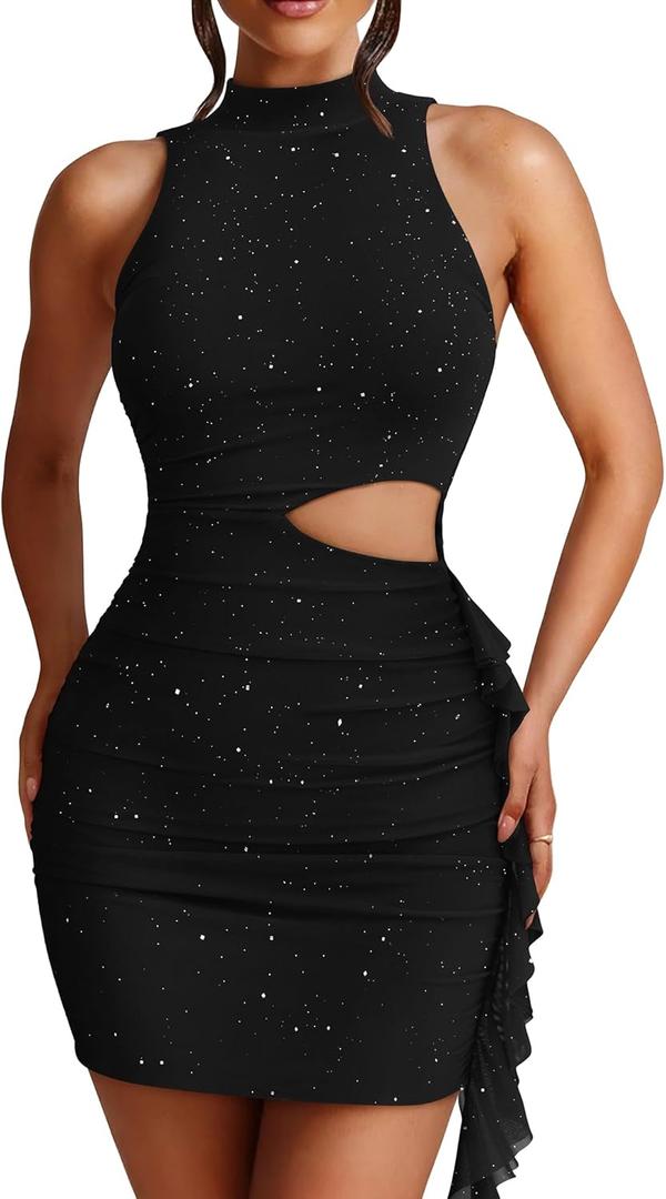 2 x DAAWENXI Women's Sexy Sleeveless Cut Out Ruched Dress Mesh Backless Bodycon Club Party Mini Dresses Black (Black, S)