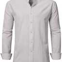 DELCARINO Mens Linen Band Collar Beach Shirts Casual Button Down Solid Plain Long Sleeve Hawaiian Shirts M