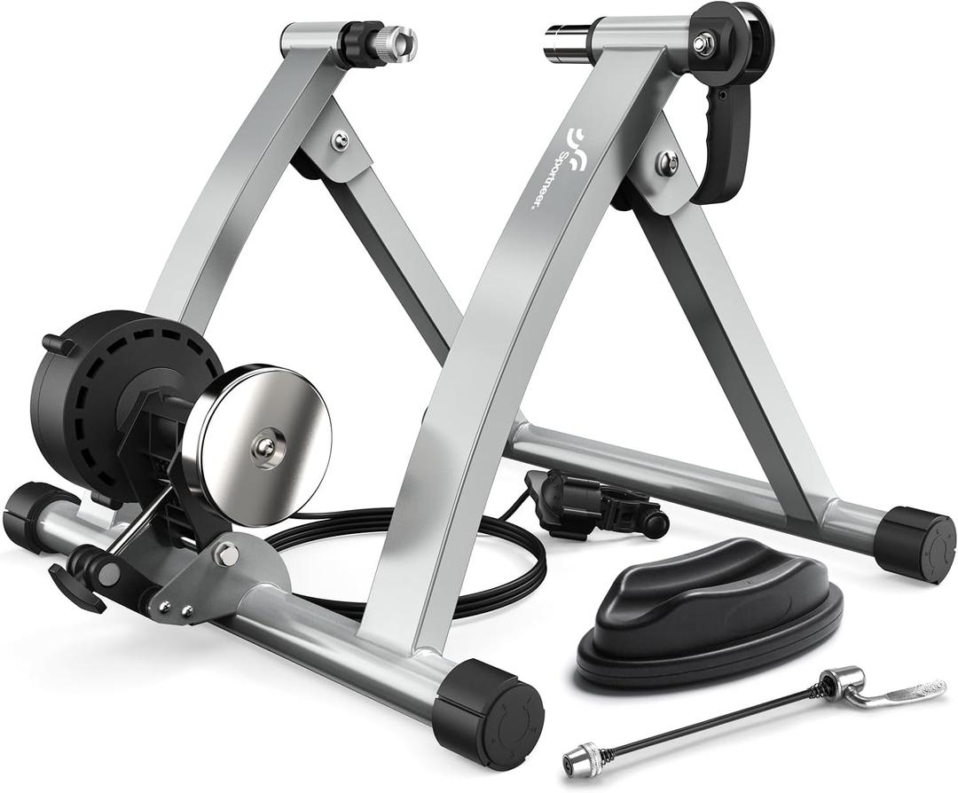 Sportneer Bike Trainer - Magnetic Stationary Bike Stand for 26-28" & 700C Wheels - Adjustable 6 Level Resistance Bike Trainer Stand for Indoor Riding with Quick Release Lever & Front Wheel Riser Block