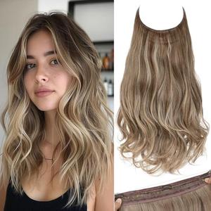 SARLA Invisible Wire Hair Extensions with 3 Clips Long Wavy Curly Synthetic Hairpiece for Women Adjustable Transparent Headband 22 Inch Dark Sand