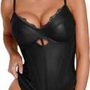 Popilush Body Suits for Womens Faux Leather Lace V Neck Shapewear Tummy Control Sleeveless Thong Corset Bodysuits L