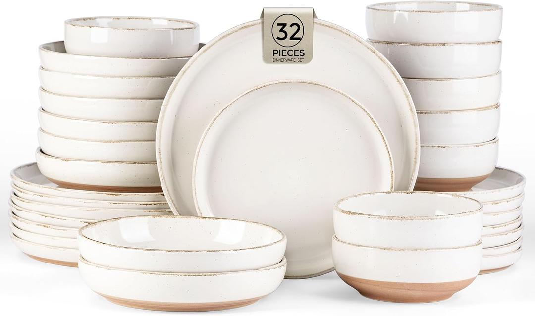 AmorArc Ceramic Dinnerware Sets with Pasta Bowls for 8, Handpainted Plates and Bowls Set with Rustic Terracotta Underside, Scratch Resistant Dishes Set, Dishwasher & Microwave Safe, 32 Pcs