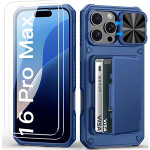 iPhone 16 Pro Max Case Wallet with Screen Protector (Tempered Glass), Slide Camera Cover, Military Grade Drop, Card Holder (4-5 Cards), Heavy Duty Men Women Case for iPhone 16 Pro Max, Blue