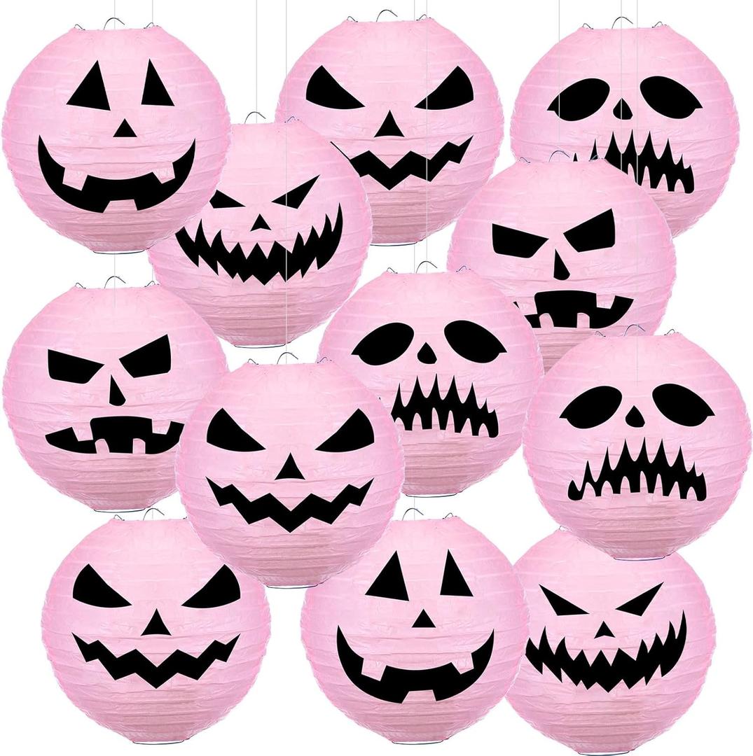 Riakrum 20 Pcs 8 Inch Pink Halloween Paper Lanterns Bulk Pink Jack-o'-Lantern Hanging Lanterns Halloween Pumpkin Decoration for Holiday Spooky Party Indoor Outdoor Decor