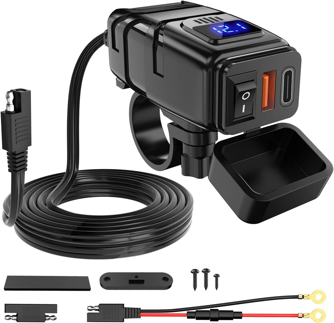 Nilight Motorcycle USB Type C Port 12V Voltmeter Independent On Off Switch SAE Inline 10A Fuse Waterproof 6.8A QC3.0 Fast Phone Tablet for 7/8inch Handlebar