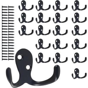 20Pcs Double Hooks For Hanging Heavy Duty Coat Hooks Bulk Double Prong Utility Hook Rustic Black Metal Hooks Wall Mounted for Living Room Bathroom Kitchen Bedroom for Towel Coat Bag Scarf Hat Key Cup