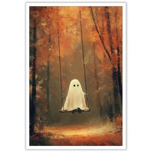 ECUASMR Vintage Cute Halloween Ghost on The Swing Print Spooky Ghost Painting for Autumn Cottagecore Decor Gothic Fall Wall Art Aesthetic Family Room Decor 16X24 in Unframed