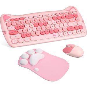 3 Pcs Cute Cat Keyboard and Mouse Combo, USB Wireless with Cat Paw Mouse Pad, Silent 84 Keys 2.4 Ghz Compatible with Notebook PC Graduation Gift for Women