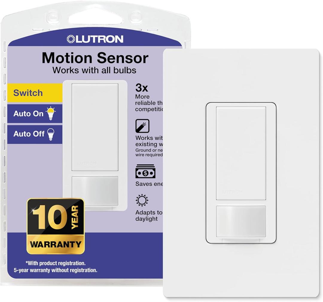 Lutron Maestro Motion Sensor Light Switch w/ Wallplate for Bathroom, Garage, Laundry Room, Any Bulbs, Occupancy Vacancy Sensor, Single-Pole, MS-OPS2HW-WH, White (1 Pack)