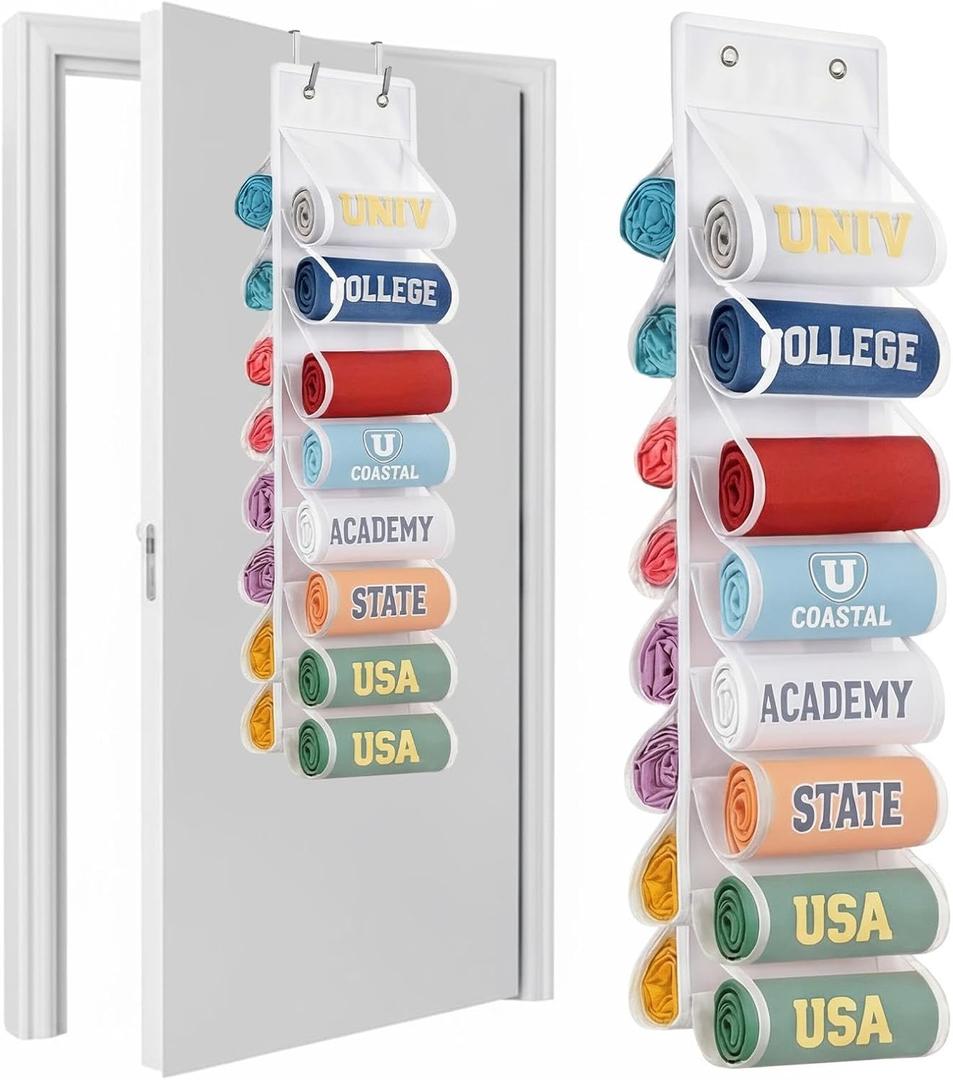 Over The Door Hoodie Organizer, Double Sided Holds 16 Hoodies, White Hanging Storage with 2 Hooks and Rope for Door Closet Cabinet Use, Ideal for Dorm Rooms Bedroom, Small Spaces, 34.6 Inch