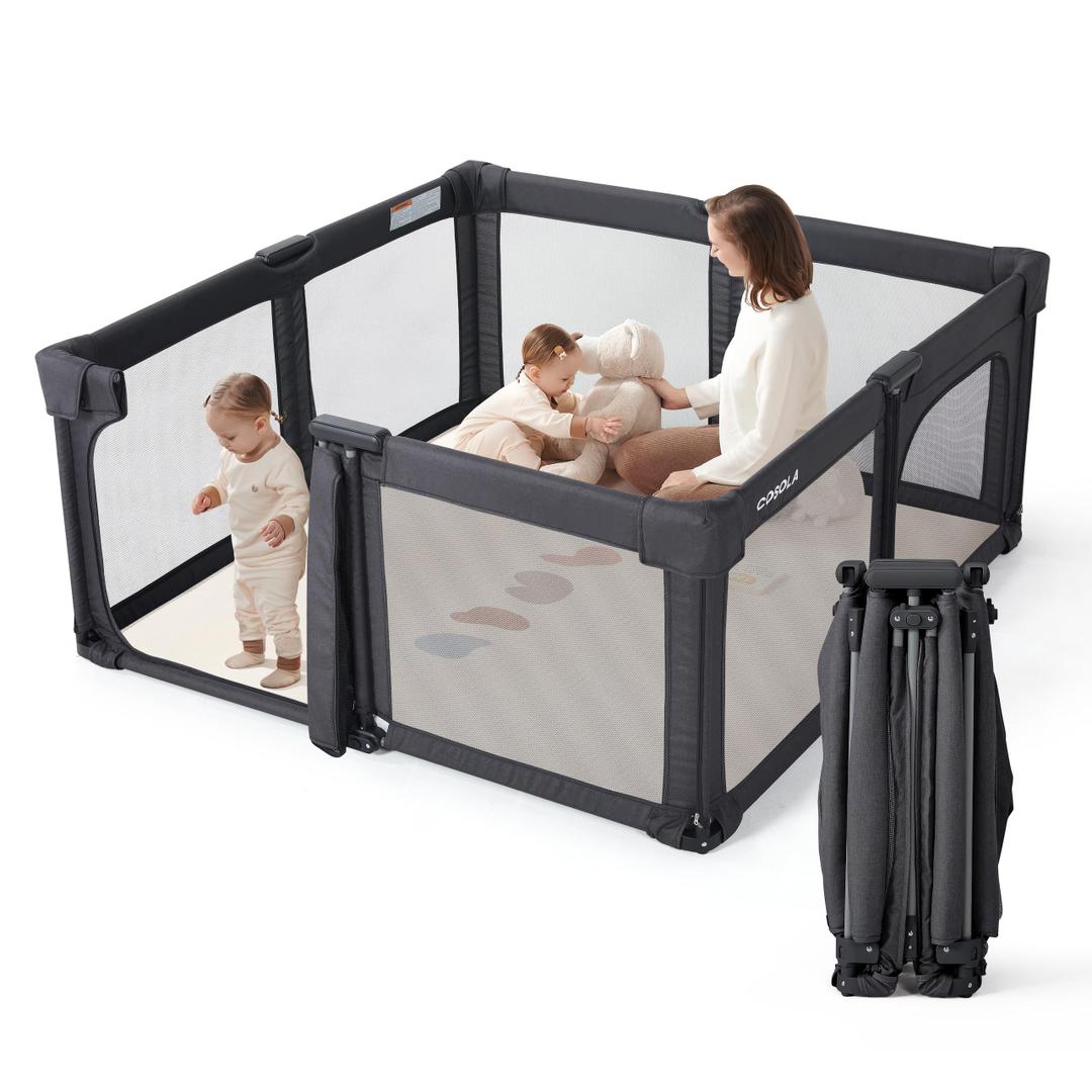 Baby Playpen Portable, Pre-Assembled Play Pen 71x79 Large Foldable Playpen for Babies and Toddlers, Sturdy and Safe Toddler Play Yard Indoor Outdoor with Carry Bag, Black