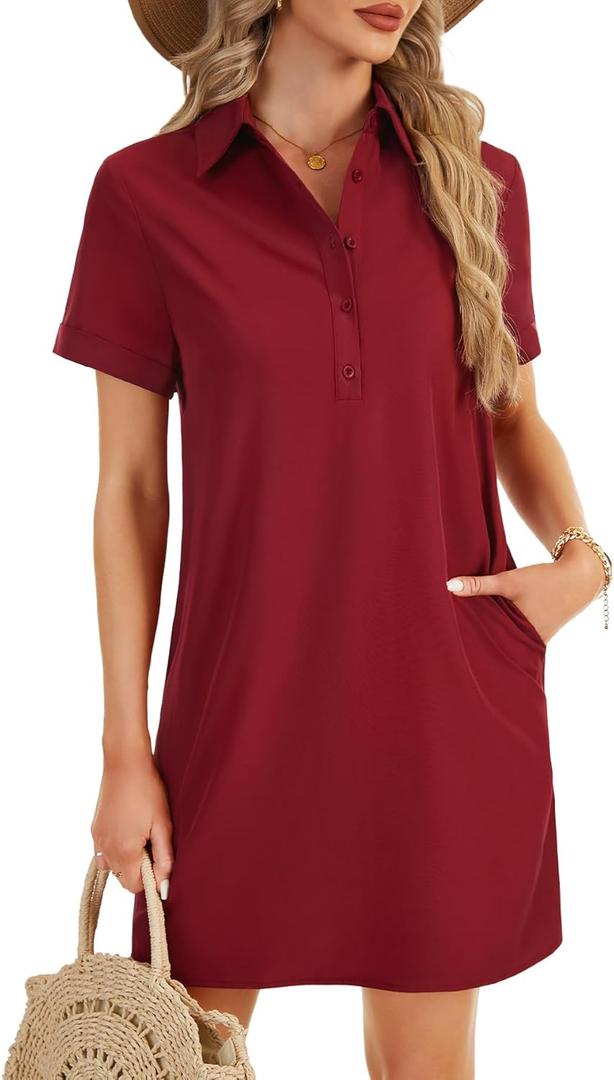 Rooscier Women's Button Down Collared Neck Side Pockets Short Sleeves Casual Mini Dress (Medium)