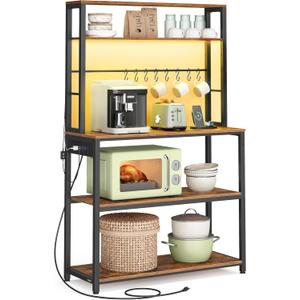 VASAGLE Coffee Bar with LED Lights, Kitchen Bakers Rack with Power Outlet, Microwave Stand with Adjustable Shelves, 8 Hooks, 15.7 x 31.5 x 65.7 Inches, Rustic Brown and Matte Black UKKS050K01