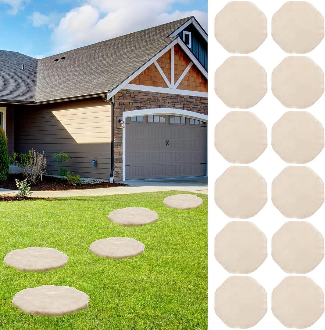 12 Pack 15.5" Garden Stepping Stones Outdoor Octagon Resin Stepping Stone with Ground Stakes Plastic Decorative Pathway Pavers for Walkway Garden Lawn Yard Home