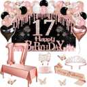 17th Birthday Decorations for Girls, 49pcs Black Rose Gold Black Banner, Tablecloth, Butterfly Decor, 17th Birthday Sash and Tiara, Cake Topper, Candles, Balloons Arch