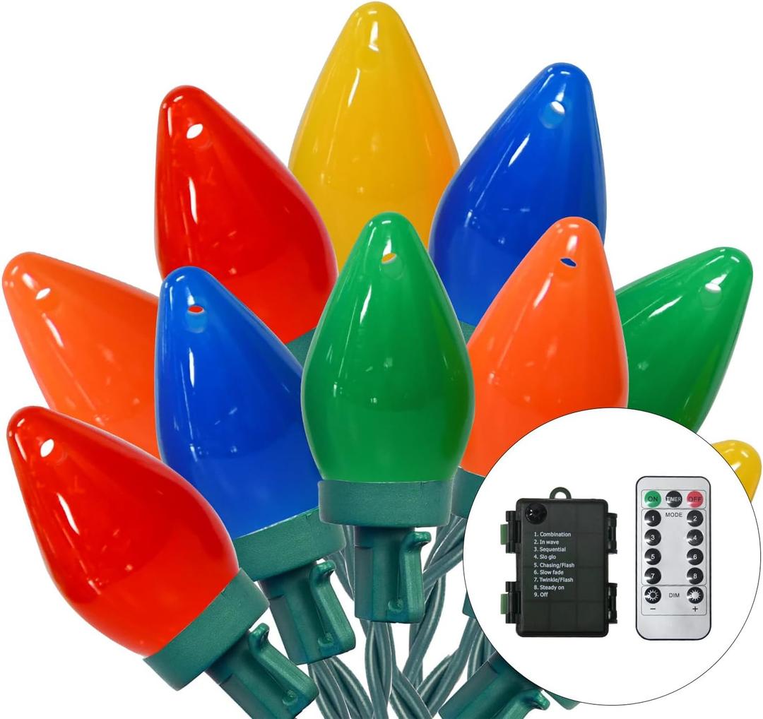 27.5Ft C7 LED Battery Operated Christmas Lights Outdoor with Timer, 8 Mode Twinkle Multicolor Christmas Tree Lights Indoor Outdoor Waterproof for Light up Christmas Tree Home Yard Decor, 50 LED Bulbs