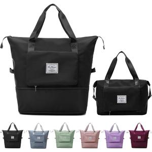 Large Capacity Folding Travel Bag, Lightweight Waterproof Luggage Bag, Expandable Travel Duffel Bag, Dry Wet Separated Gym Tote Bag, Weekender Overnight Bag for Women and Man (Black)