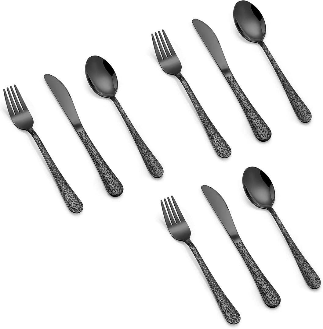LIANYU 9-Piece Kids Black Silverware Set, Stainless Steel Toddler Utensils, Hammered Metal Flatware Cutlery Set Preschooler, Children Tableware Includes Knives Forks Spoons, Dishwasher Safe