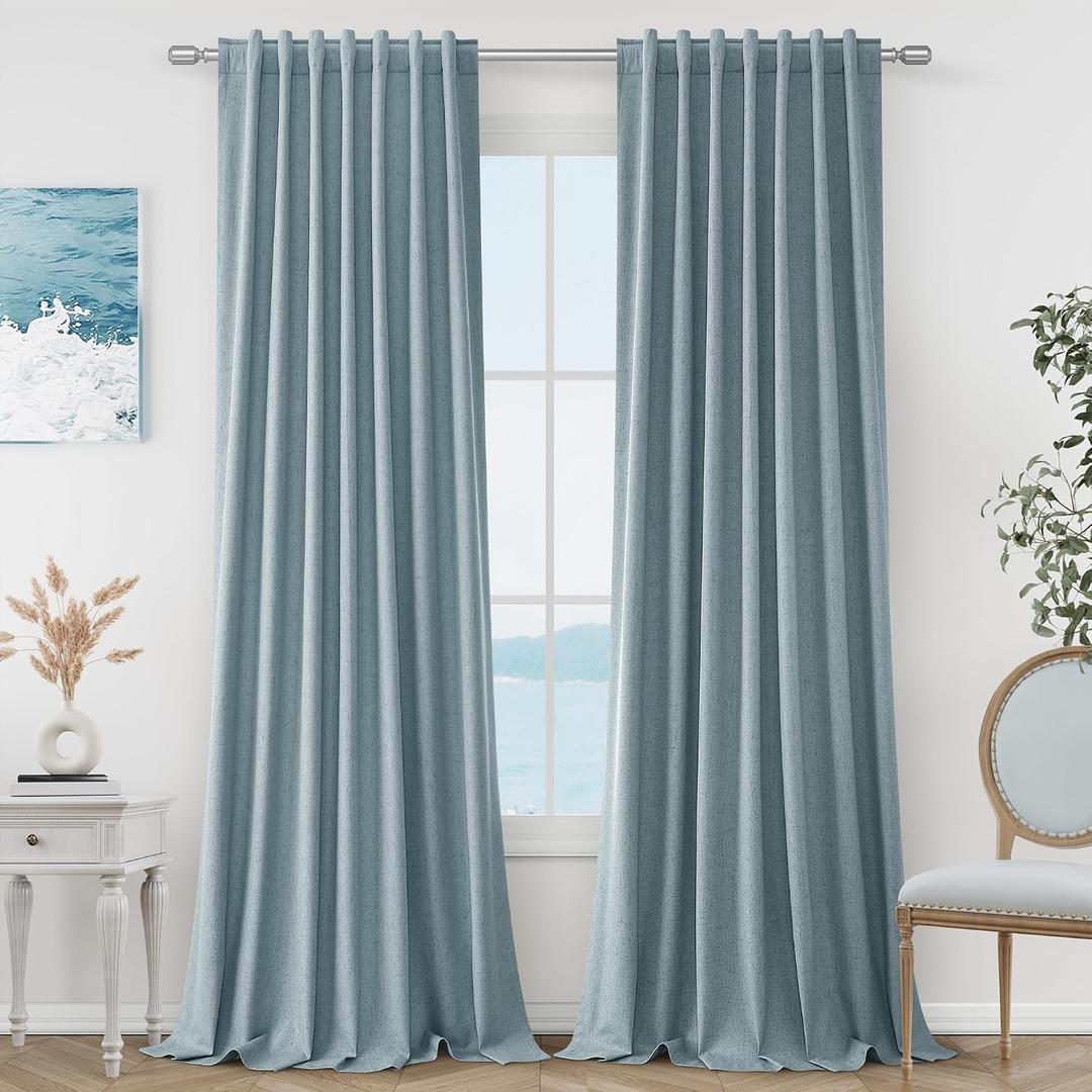 Guken Blue 100% Blackout Linen Curtains 84 Inch Length 2 Panels Set for Living Room Bedroom Back Tab Thermal Insulated Black Out Drapes Room Darkening Window Curtains 84 Inches Long Dusty Blue, 52"W x 84"L