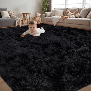 8x10 Area Rug for Living Room:Ultra Soft Fluffy Shag Black Rugs,Large Fuzzy Plush Indoor Non Slip Carpet Washable Rug for Bedroom Kids Nursery Office Dorm Modern Decor(Black)
