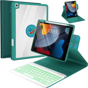 BLUTLOTUS for iPad iPad 9th 8th 7th Generation Case with Keyboard - 360 Rotatable Magnetic Folio Cover 2021/2020/2019, 7 Color Backlit Detachable Keyboard with Pencil Holder - Teal
