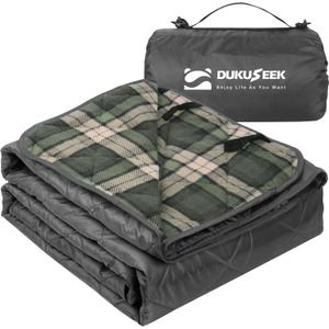 DUKUSEEK Waterproof Stadium Blanket, Hooded Outdoor Blankets Waterproof Windproof for Cold Weather, Emergency Warm Blanket with Quilted Cotton and Thick Fleece for Picnic, Camping, Outdoor Sports (Black-blue-plaid)