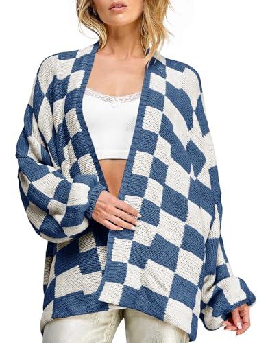 Womens Checkered Sweater Color Block Plaid Cardigans Oversized Long Sleeve Knit Open Front Coats, Size M
