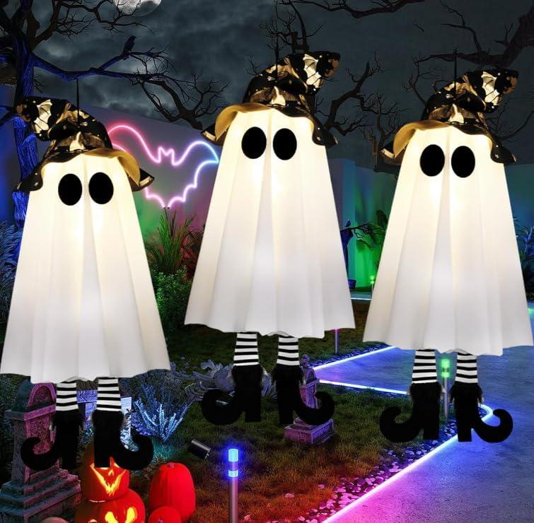 3 Pack Halloween Hanging Ghosts with Lights, 2025 New Glowing Witch Hat Ghost Decorations Outdoor Indoor, 3 Lighting Modes, Battery Powered (Includes Batteries) for Yard, Patio, Porch, Tree, Party